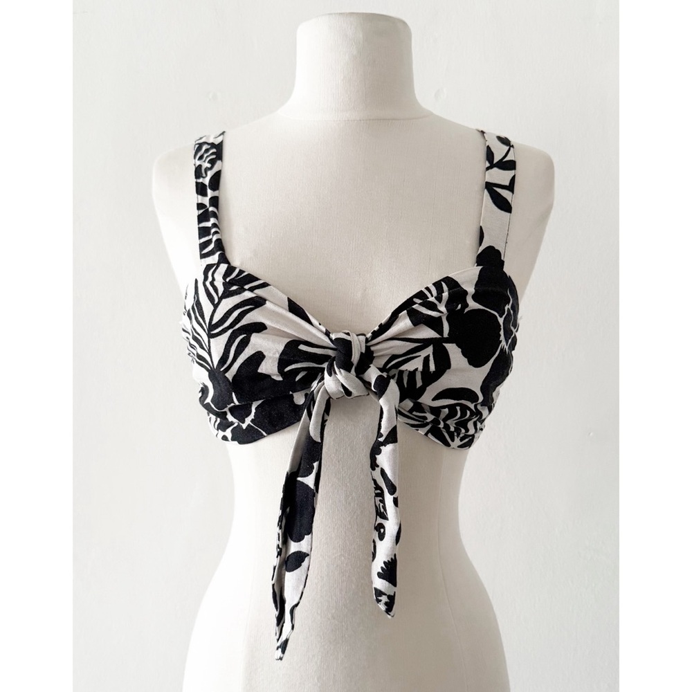 Zara Linen Blend Tie Front Black & White Floral Crop Top Bra Top Size XS